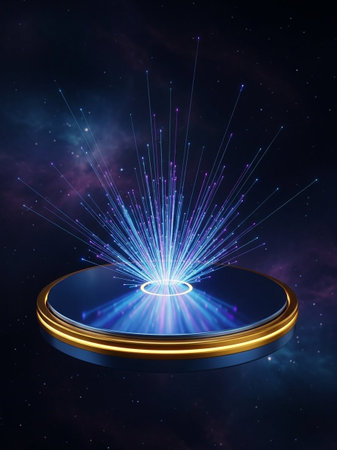 Abstract background with round podium and glowing lines. 3D rendering.
