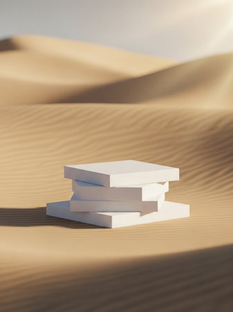 Three white podiums in the desert. 3d render illustration.