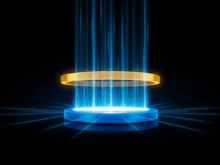 Stage podium illuminated with spotlight and smoke, 3d render abstract backgroundの写真素材