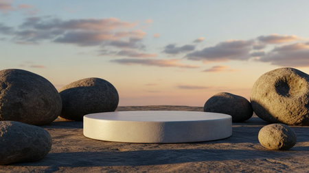 3d rendering of a white podium on the sand in the sunsetの写真素材