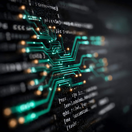 Web development concept: close up of electronic circuit board on dark background