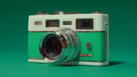 retro camera on a green background, close-up, isolatedの写真素材