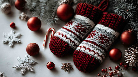 Christmas background with knitted socks and Christmas decorations on a white backgroundの写真素材