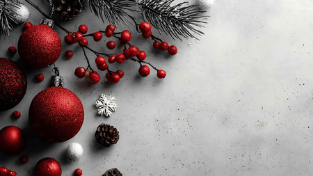 Christmas background with red christmas balls, pine cones, berries and snowflakes