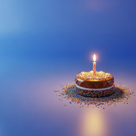 Birthday cake with burning candle on blue background, 3d illustration