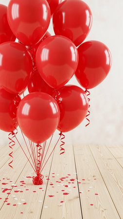 Red balloons and confetti on wooden table. Valentines day background