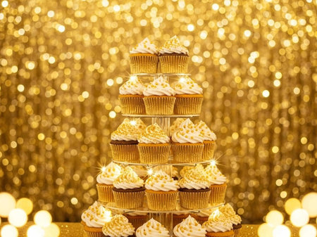 Cupcakes on a gold background with bokeh lights.