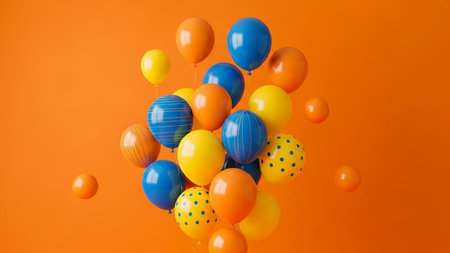 Colorful balloons on orange background. Happy birthday concept. Copy space.