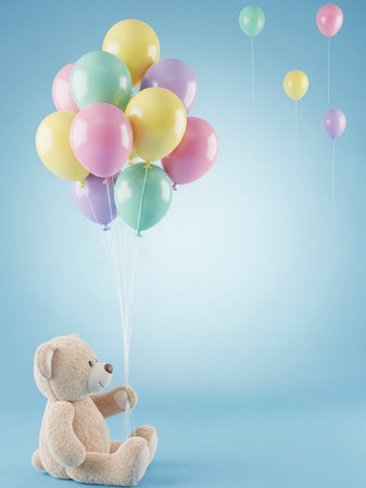 teddy bear with colorful balloons on blue background, vintage toned