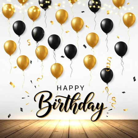 Happy Birthday greeting card with golden and black balloons. Vector illustration.の写真素材