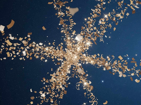 golden confetti on a dark blue night sky background with stars