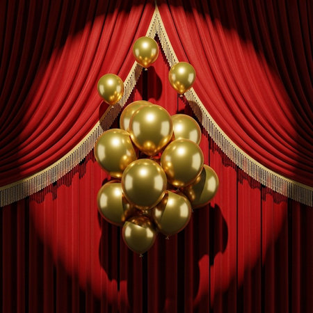 golden balloons on the stage with red curtains. 3d rendering
