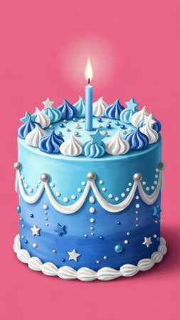 Blue birthday cake with a burning candle on a pink background. 3d rendering