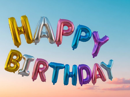 Happy birthday balloon lettering on sunset sky background. 3D Renderの写真素材