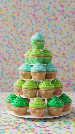 Cupcakes decorated with green cream and sprinkles on colorful background