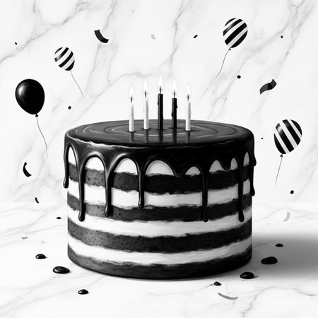 Black and white birthday cake with candles and balloons on white marble backgroundの写真素材