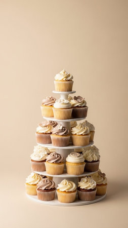 Christmas tree made of cupcakes with cream and chocolate frosting on beige backgroundの写真素材