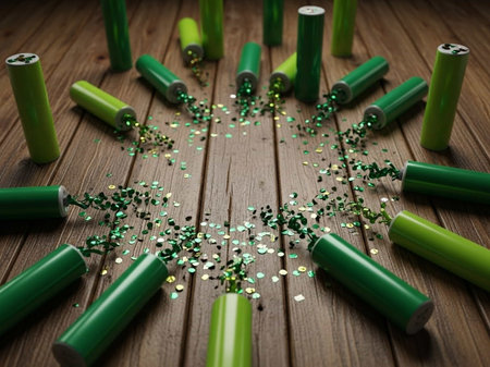 Green batteries and confetti on wooden background. 3d illustration.