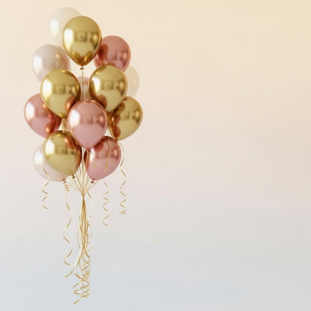 Bunch of golden and pink balloons on white background with copy spaceの写真素材