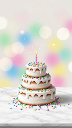 Birthday cake with burning candle on white marble table over colorful bokeh background