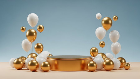 3d render of golden podium with white and gold balloons on the floor.の写真素材