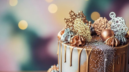 Birthday cake with chocolate decoration on bokeh background, closeup