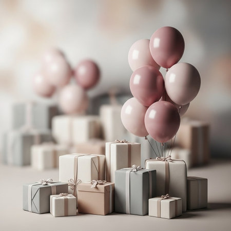 gift boxes and pink balloons on the background of defocused gift boxesの写真素材