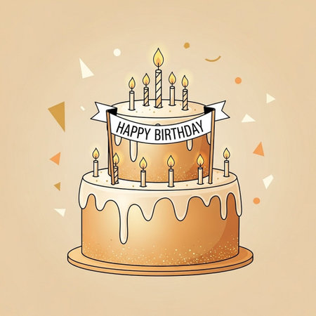 Birthday cake with candles on a beige background. vector illustrationの写真素材