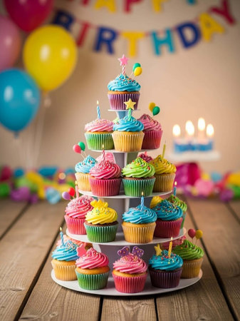 Birthday cupcakes with candles and colorful balloons on a wooden backgroundの写真素材
