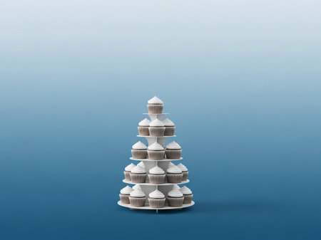 Christmas tree made of cupcakes on blue background. 3d renderの写真素材