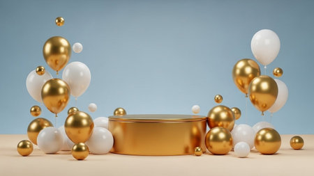 3d render of golden podium for product display with white and gold balloonsの写真素材