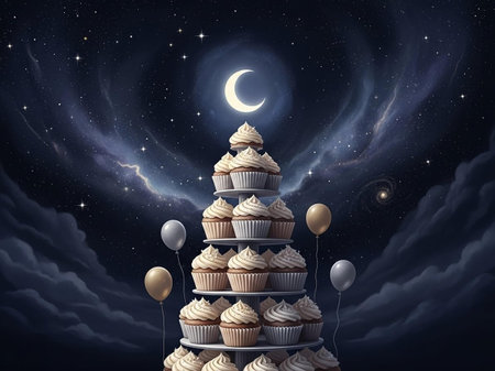 Cupcake tower with starry sky and milky way backgroundの写真素材