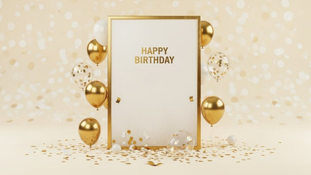Happy birthday greeting card with gold balloons and confetti. 3D Renderの写真素材