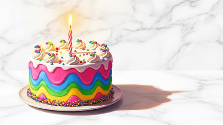 Rainbow cake with burning candle on white marble background, 3d illustrationの写真素材