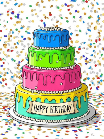 Birthday cake on a white background with confetti. Vector illustration.