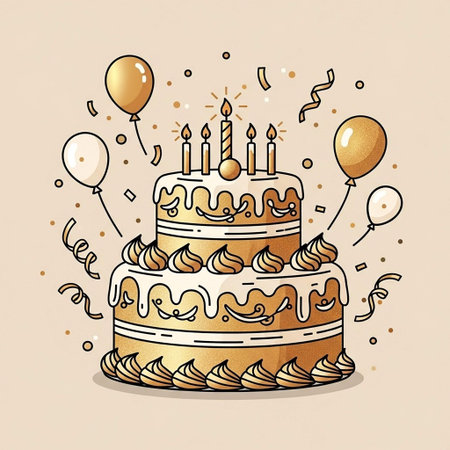 Birthday cake with candles, balloons and confetti. Vector illustration.の写真素材
