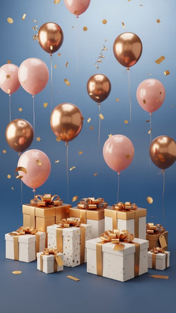 Gift boxes with balloons and confetti on blue background. 3d renderingの写真素材