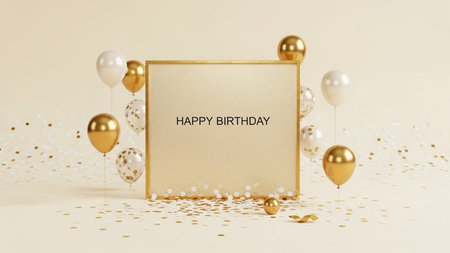 Happy birthday greeting card with gold balloons and confetti. 3D Renderの写真素材