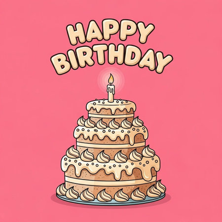 Happy birthday greeting card with cake and candle. Vector illustration in retro style.