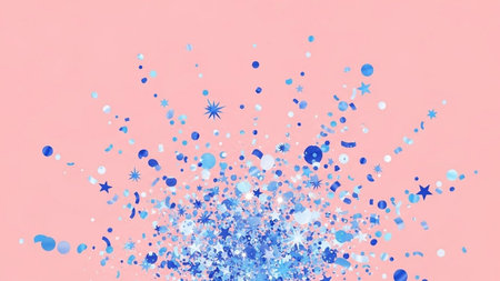 Abstract background with blue glittering confetti on pastel pink background
