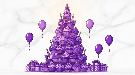 Hand drawn vector illustration of Happy Birthday party with cake, balloons and gift boxes. Line art style.の写真素材