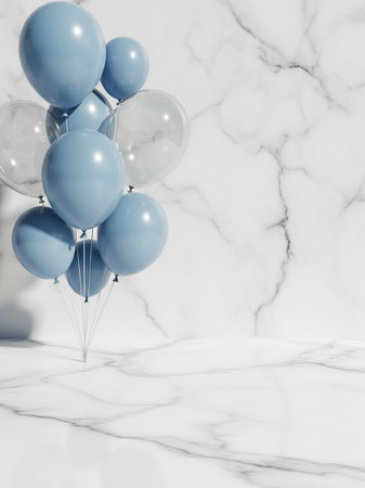 Blue and white balloons on white marble background. 3D Renderingの写真素材