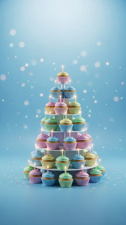 Christmas tree made of cupcakes on blue background, 3d render