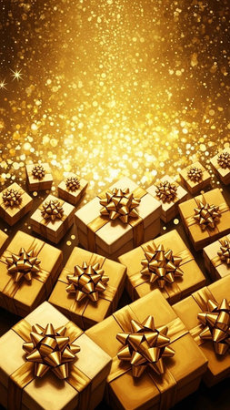 Gift boxes with golden bows on golden background. Holiday background.