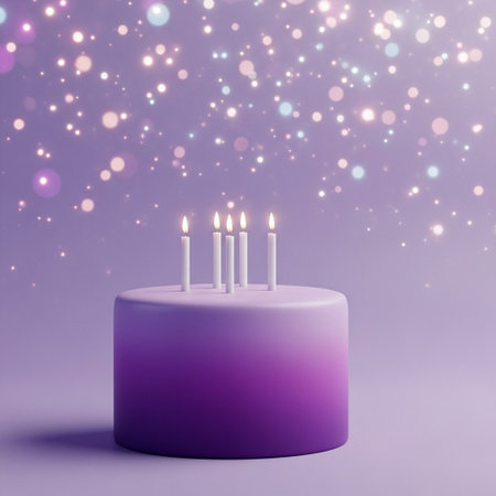 Birthday cake with burning candles on purple background. 3D rendering