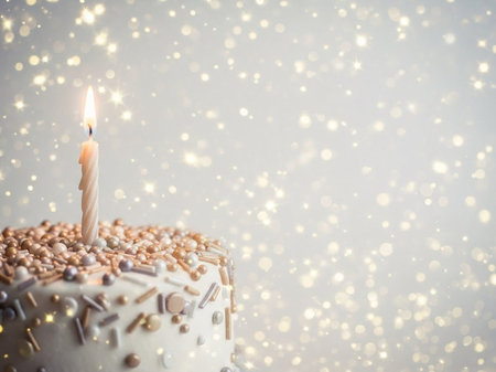 Birthday cake with burning candle on bokeh background, closeupの写真素材