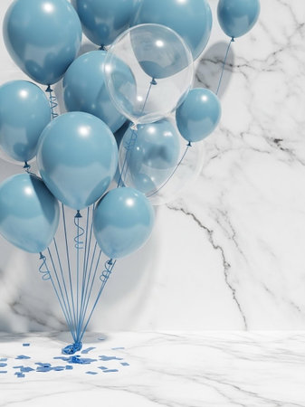 Blue balloons on white marble background with copy space. 3d renderの写真素材