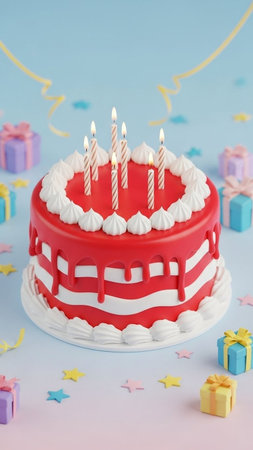 Birthday cake with candles and gift boxes on blue background, closeup