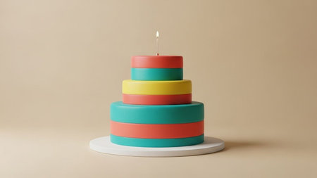 Birthday cake with candle on beige background, 3d render