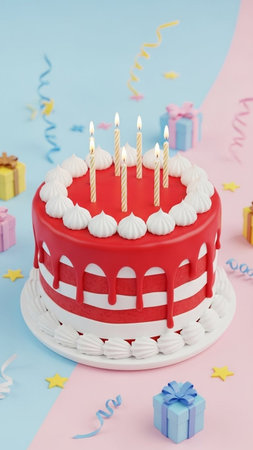 Birthday cake with candles and gift box on pink and blue background